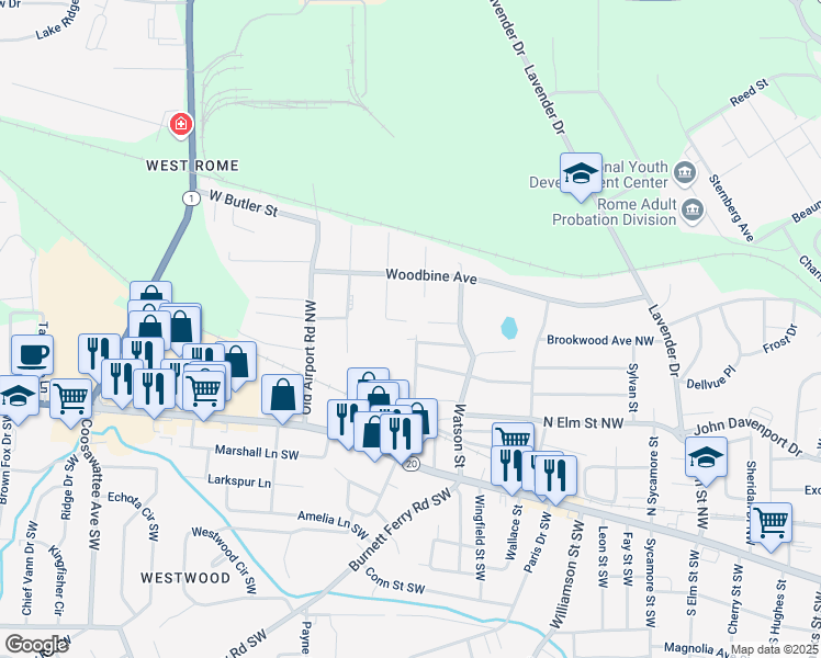 map of restaurants, bars, coffee shops, grocery stores, and more near 101 Garrard Avenue Northwest in Rome