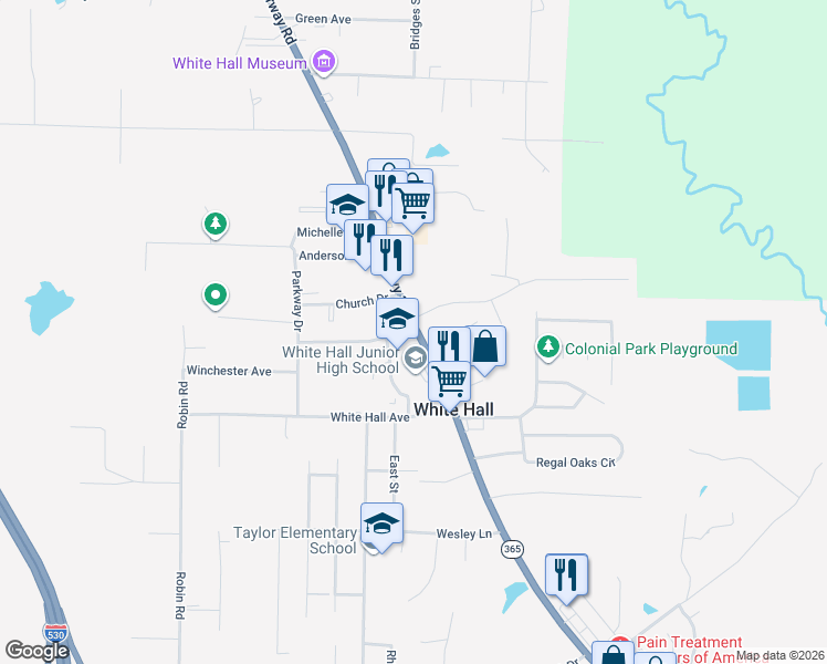 map of restaurants, bars, coffee shops, grocery stores, and more near in White Hall