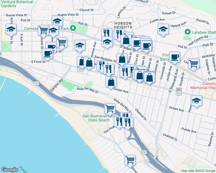 map of restaurants, bars, coffee shops, grocery stores, and more near 1731 Ocean Avenue in Ventura
