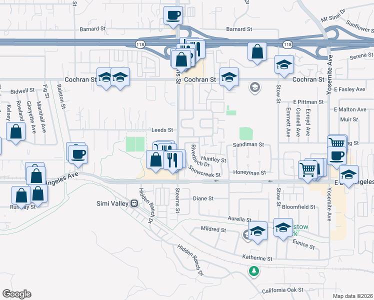 map of restaurants, bars, coffee shops, grocery stores, and more near 2168 Crosscreek Avenue in Simi Valley