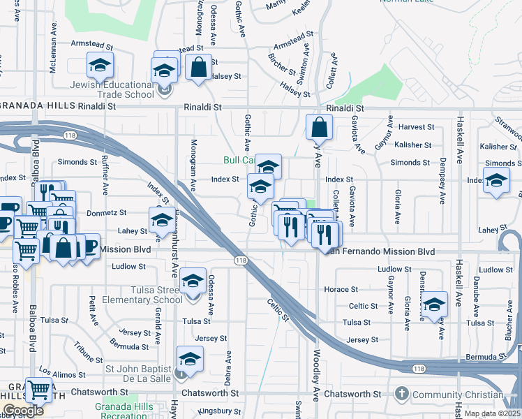map of restaurants, bars, coffee shops, grocery stores, and more near 16341 Donmetz Street in Los Angeles