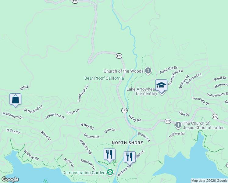 map of restaurants, bars, coffee shops, grocery stores, and more near 1297 Portillo Lane in Lake Arrowhead