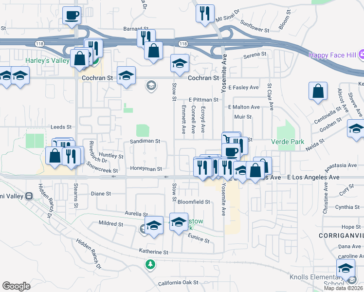 map of restaurants, bars, coffee shops, grocery stores, and more near 5621 Daisy Street in Simi Valley