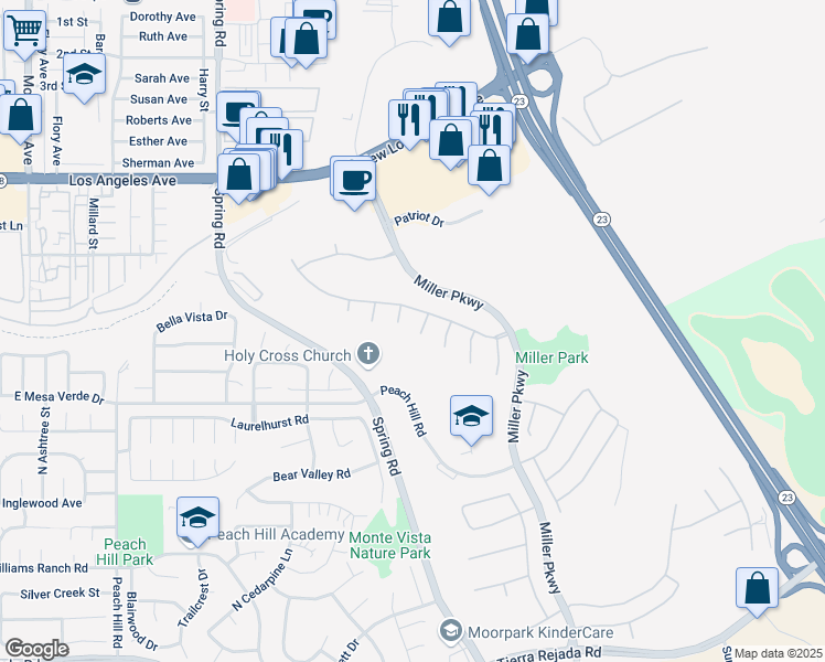 map of restaurants, bars, coffee shops, grocery stores, and more near 4591 Big Country Court in Moorpark