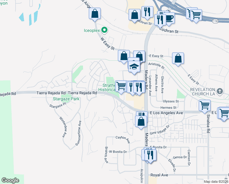 map of restaurants, bars, coffee shops, grocery stores, and more near 137 Strathearn Place in Simi Valley