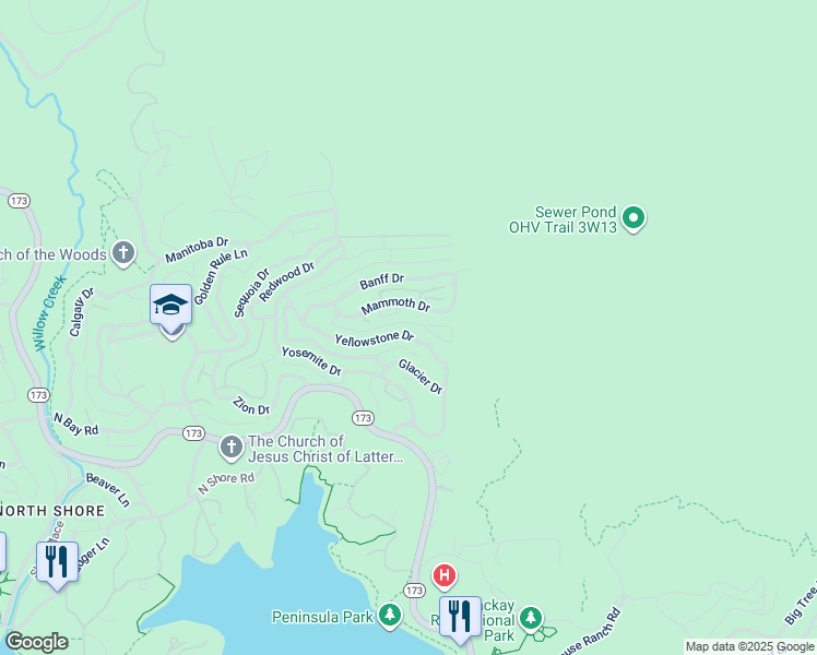 map of restaurants, bars, coffee shops, grocery stores, and more near 1321 Yellowstone Drive in Lake Arrowhead