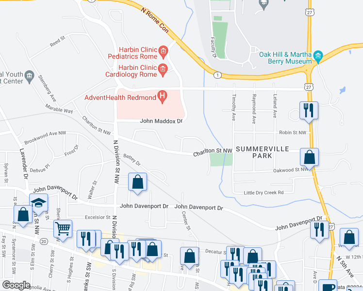map of restaurants, bars, coffee shops, grocery stores, and more near 99 Vineland Drive Northwest in Rome