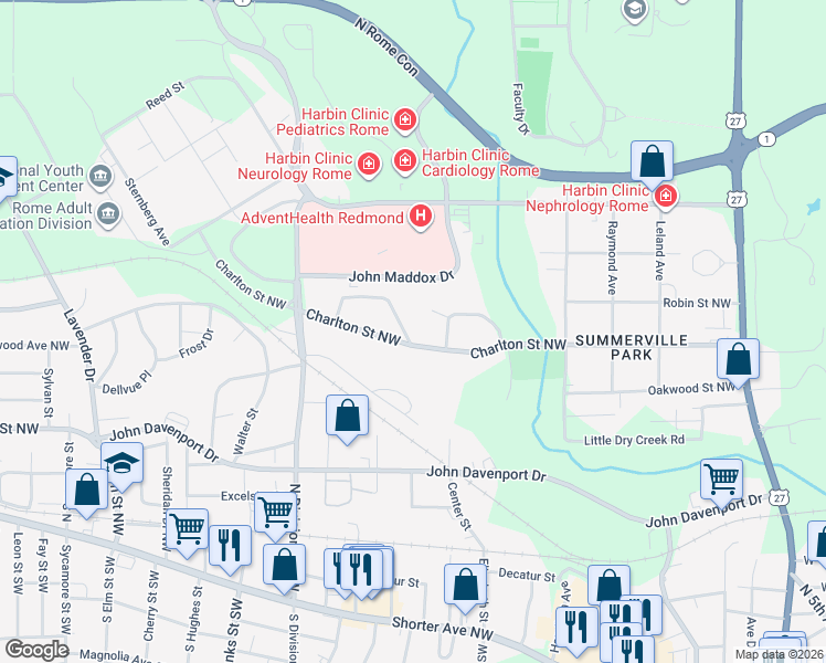 map of restaurants, bars, coffee shops, grocery stores, and more near 603 Charlton Street Northwest in Rome