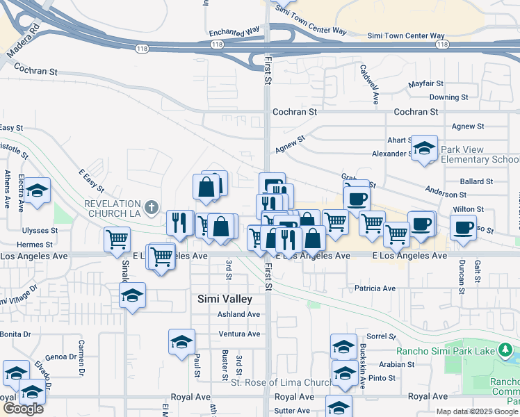 map of restaurants, bars, coffee shops, grocery stores, and more near 2051 D First Street in Simi Valley