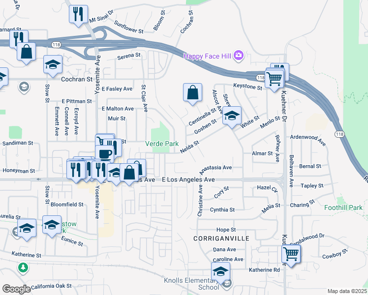 map of restaurants, bars, coffee shops, grocery stores, and more near 2107 Rockdale Avenue in Simi Valley
