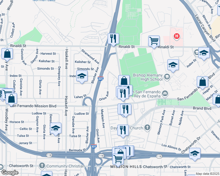 map of restaurants, bars, coffee shops, grocery stores, and more near 11218 Orion Avenue in Los Angeles
