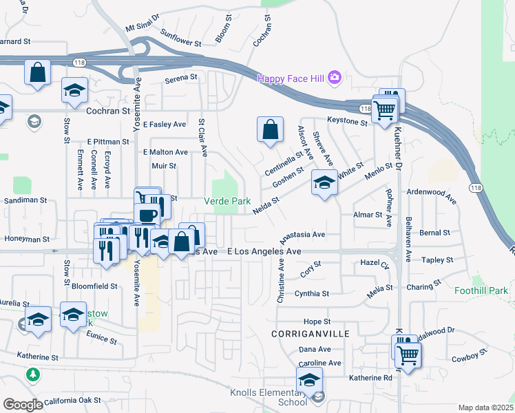 map of restaurants, bars, coffee shops, grocery stores, and more near 2107 Rockdale Avenue in Simi Valley