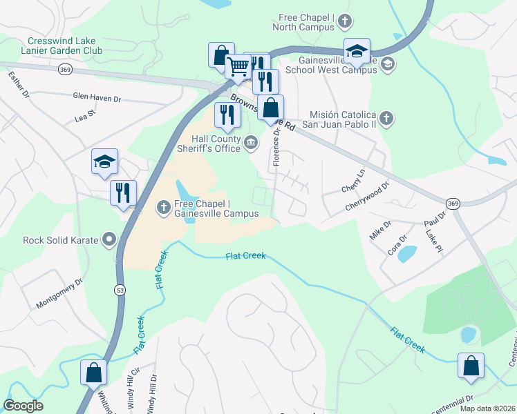 map of restaurants, bars, coffee shops, grocery stores, and more near 2938 Florence Drive in Gainesville
