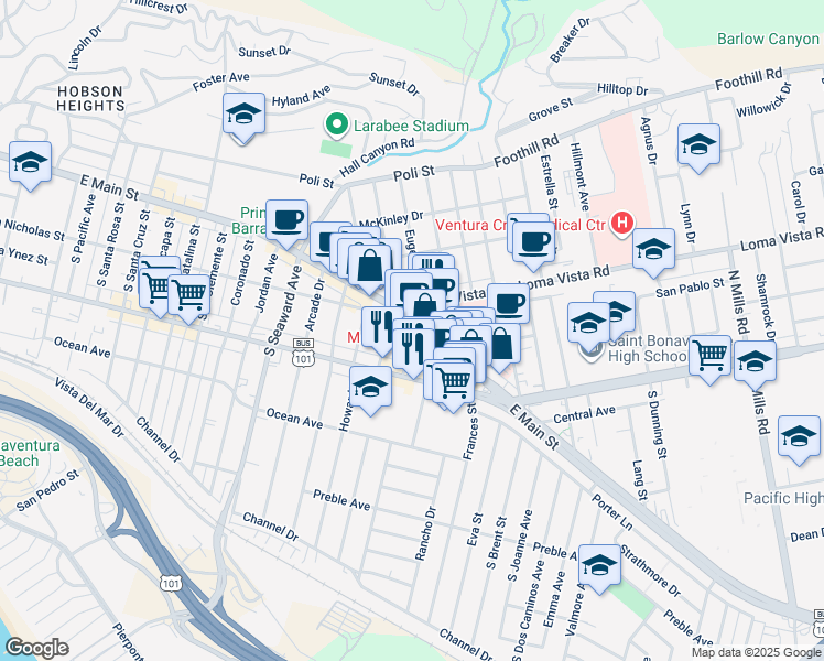 map of restaurants, bars, coffee shops, grocery stores, and more near 2674 East Main Street in Ventura