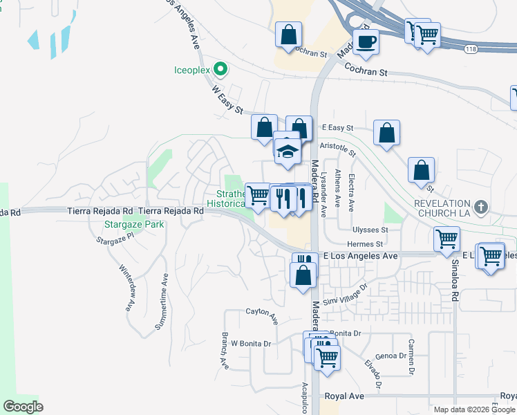 map of restaurants, bars, coffee shops, grocery stores, and more near 137 Strathearn Place in Simi Valley