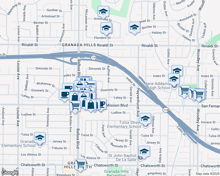 map of restaurants, bars, coffee shops, grocery stores, and more near 16757 Donmetz Street in Los Angeles