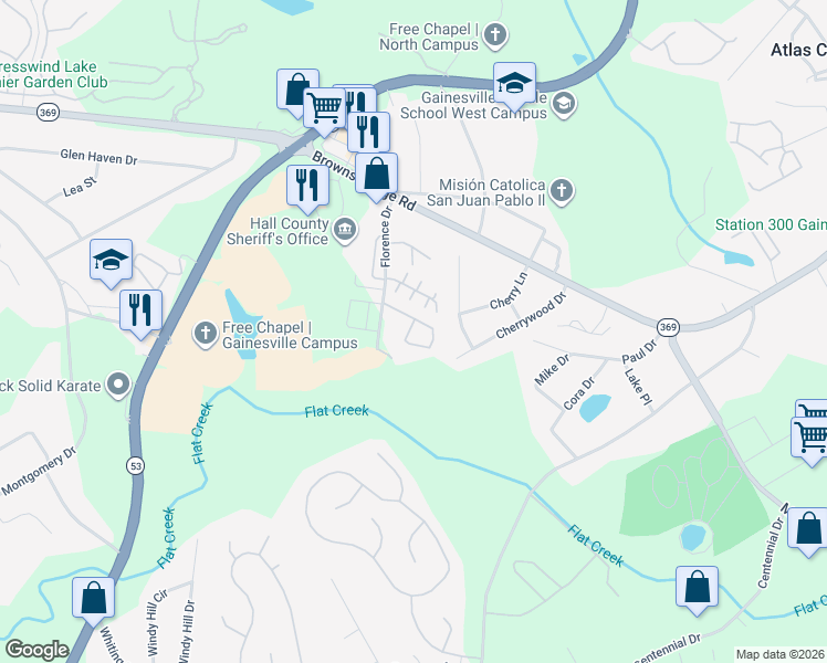 map of restaurants, bars, coffee shops, grocery stores, and more near 3032 Bentley Park Circle in Gainesville