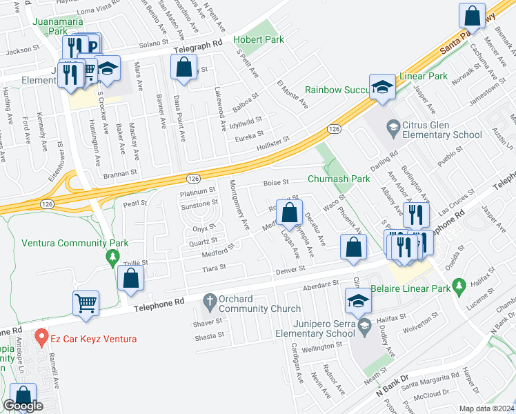 map of restaurants, bars, coffee shops, grocery stores, and more near 720 Springfield Avenue in Ventura