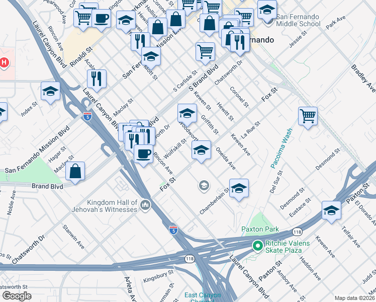 map of restaurants, bars, coffee shops, grocery stores, and more near 626 O Melveny Avenue in San Fernando