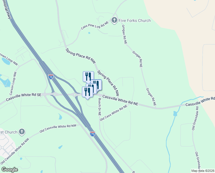 map of restaurants, bars, coffee shops, grocery stores, and more near 997 Cassville White Road Northwest in Cartersville