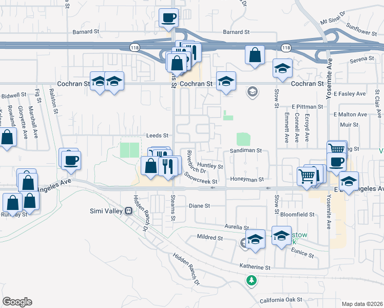 map of restaurants, bars, coffee shops, grocery stores, and more near 2088 Riverbirch Drive in Simi Valley