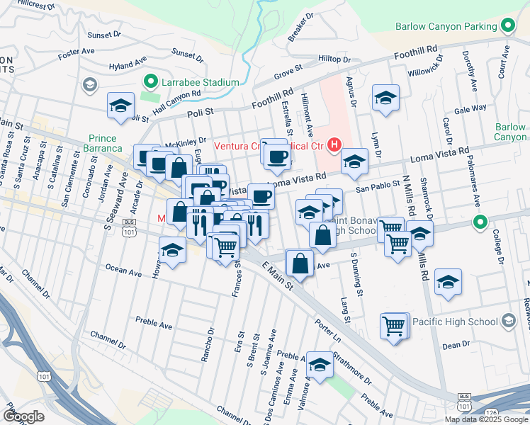 map of restaurants, bars, coffee shops, grocery stores, and more near 148 North Brent Street in Ventura