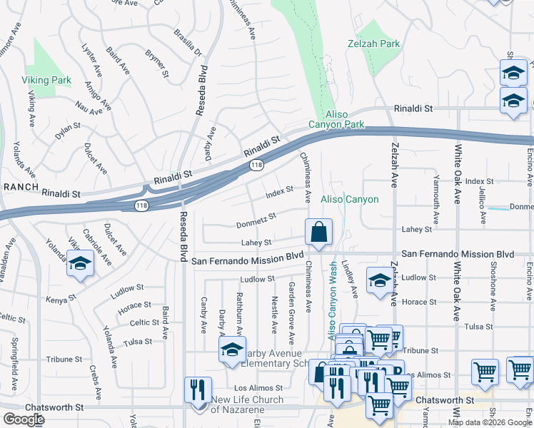 map of restaurants, bars, coffee shops, grocery stores, and more near 18243 Donmetz Street in Los Angeles