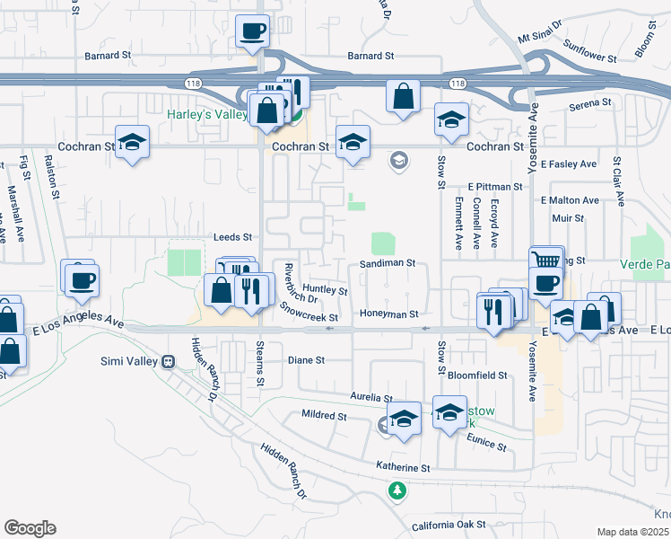 map of restaurants, bars, coffee shops, grocery stores, and more near 5395 Huntley Street in Simi Valley