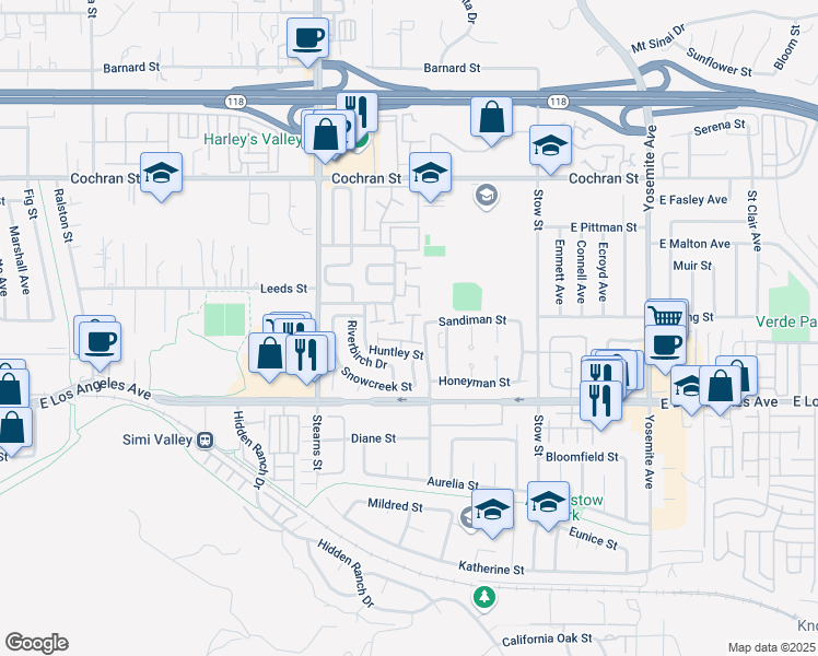 map of restaurants, bars, coffee shops, grocery stores, and more near 5375 Huntley Street in Simi Valley
