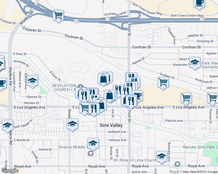 map of restaurants, bars, coffee shops, grocery stores, and more near 780-798 East Easy Street in Simi Valley