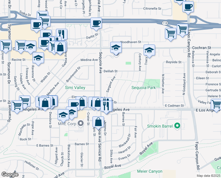 map of restaurants, bars, coffee shops, grocery stores, and more near 2136 Sargent Avenue in Simi Valley