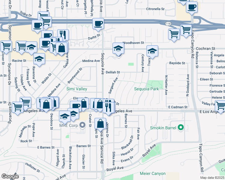 map of restaurants, bars, coffee shops, grocery stores, and more near 2136 Sargent Avenue in Simi Valley