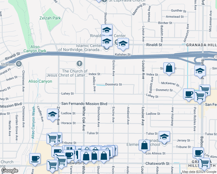 map of restaurants, bars, coffee shops, grocery stores, and more near 17520 Donmetz Street in Los Angeles