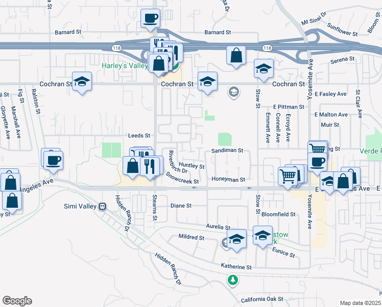 map of restaurants, bars, coffee shops, grocery stores, and more near 5368 Rainwood Street in Simi Valley