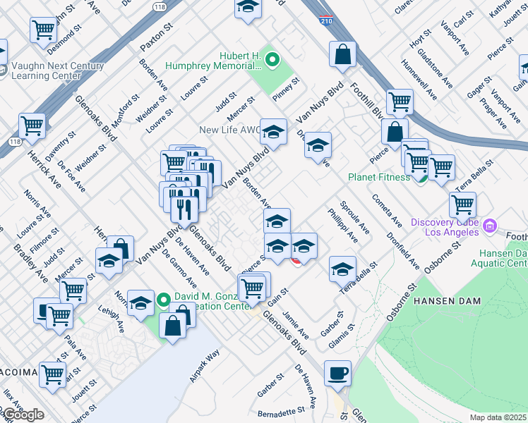 map of restaurants, bars, coffee shops, grocery stores, and more near 12600 Carl Street in Los Angeles