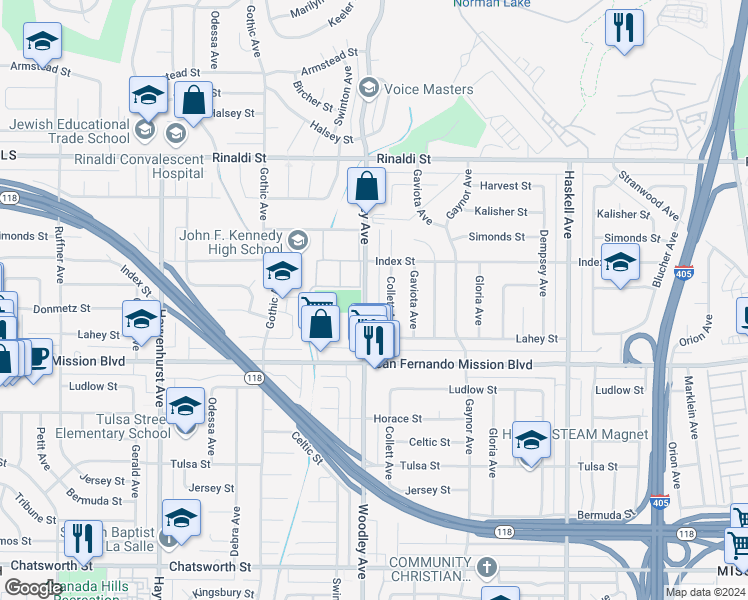 map of restaurants, bars, coffee shops, grocery stores, and more near 11214 Woodley Avenue in Los Angeles