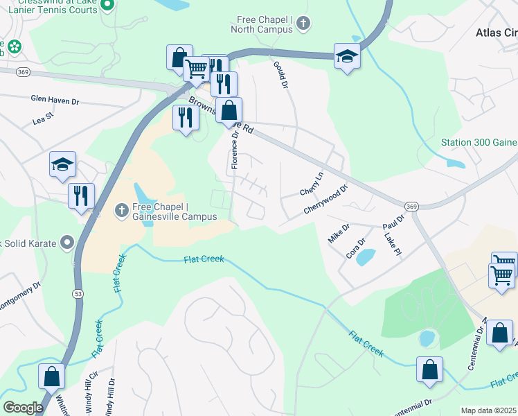 map of restaurants, bars, coffee shops, grocery stores, and more near 2984 Bentley Park Circle in Gainesville