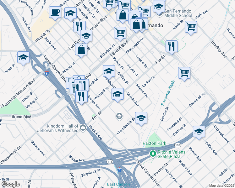map of restaurants, bars, coffee shops, grocery stores, and more near 604 Woodworth Street in San Fernando