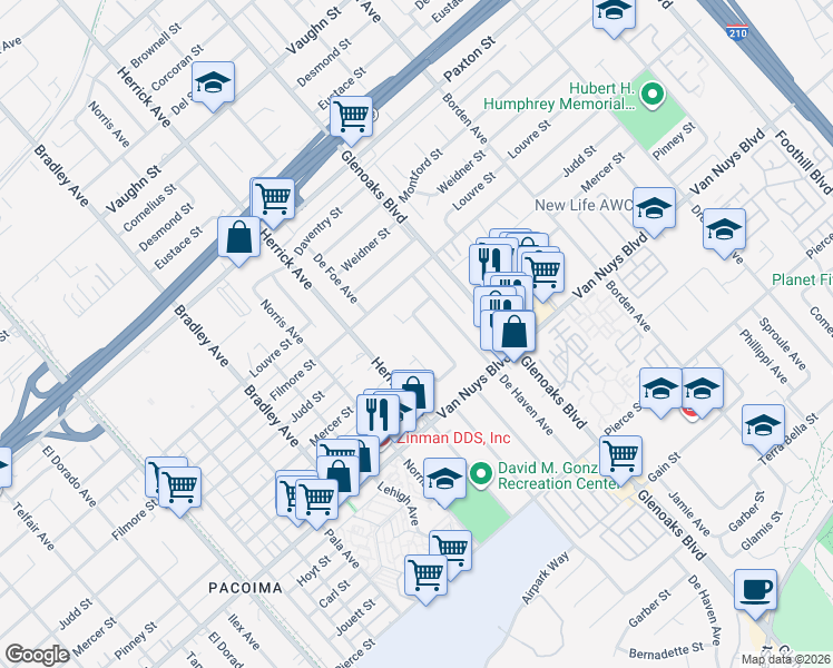 map of restaurants, bars, coffee shops, grocery stores, and more near 11180 Herrick Avenue in Los Angeles
