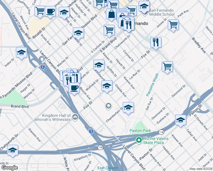 map of restaurants, bars, coffee shops, grocery stores, and more near 604 Woodworth Street in San Fernando