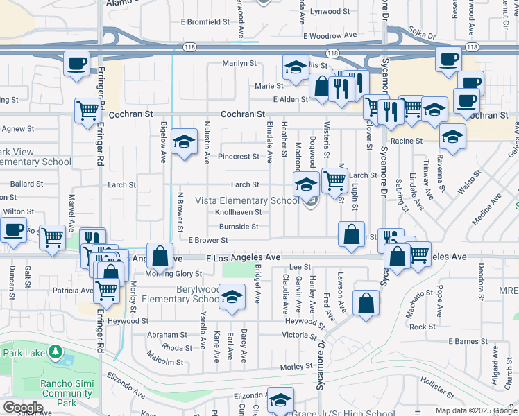map of restaurants, bars, coffee shops, grocery stores, and more near 2349 Knollhaven Street in Simi Valley