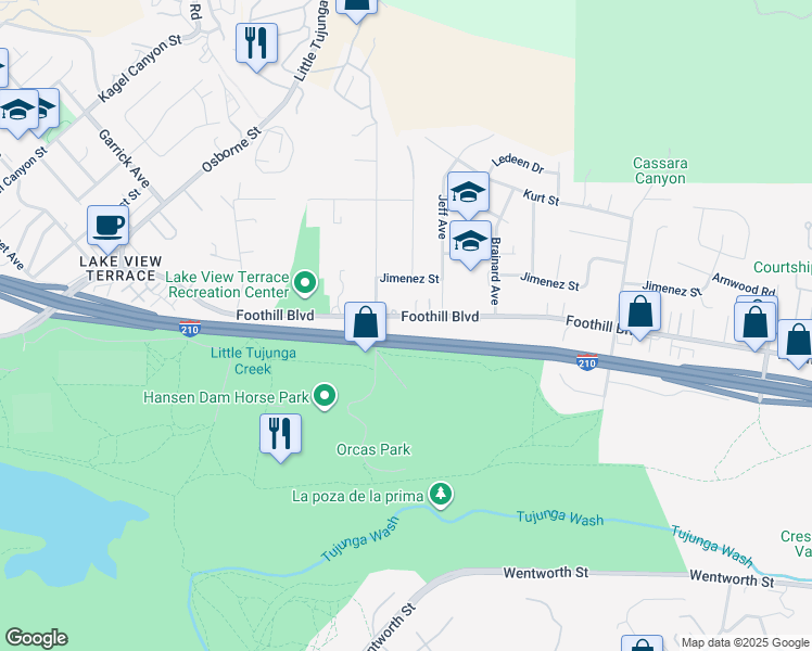 map of restaurants, bars, coffee shops, grocery stores, and more near 10824 Foothill Boulevard in Los Angeles