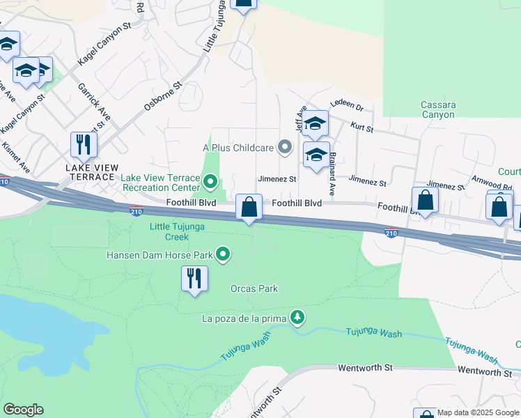 map of restaurants, bars, coffee shops, grocery stores, and more near 10836 Foothill Boulevard in Los Angeles