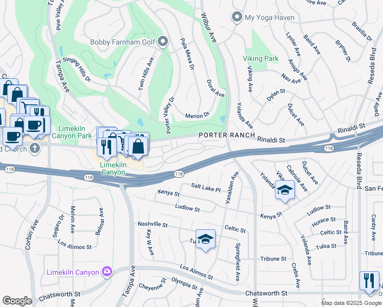 map of restaurants, bars, coffee shops, grocery stores, and more near 19140 Lahey Street in Los Angeles