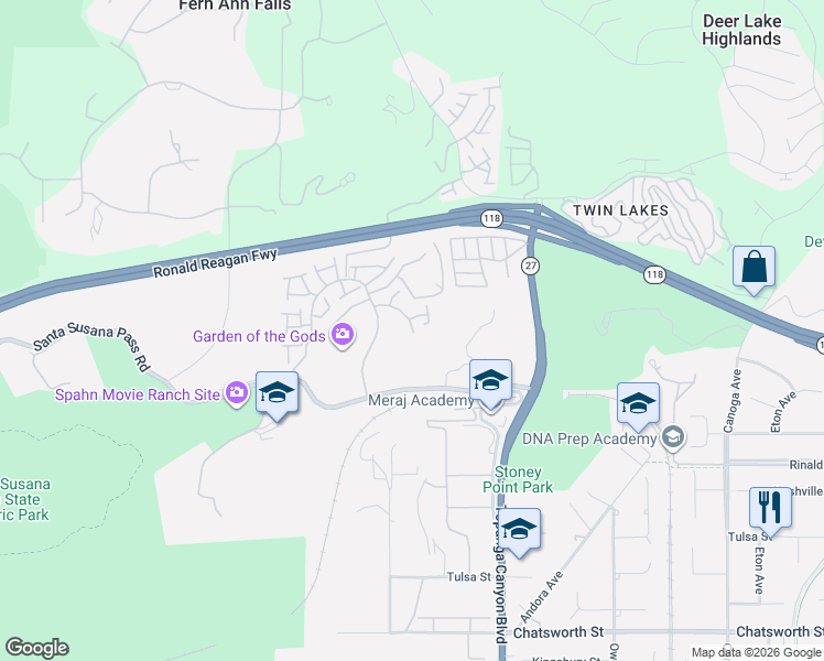 map of restaurants, bars, coffee shops, grocery stores, and more near 11203 Sierra Pass Place in Los Angeles