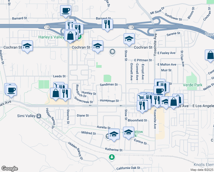 map of restaurants, bars, coffee shops, grocery stores, and more near 2072 Kingman Avenue in Simi Valley