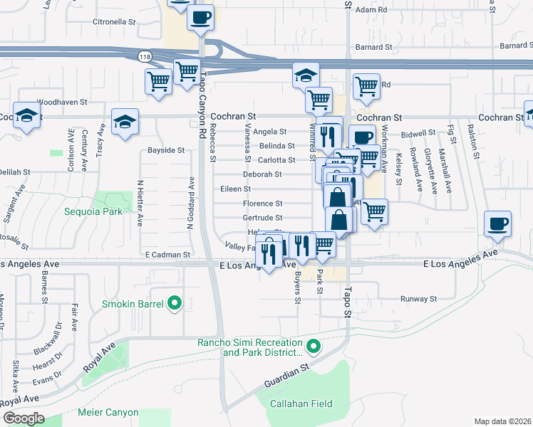 map of restaurants, bars, coffee shops, grocery stores, and more near 4119 Helene Street in Simi Valley