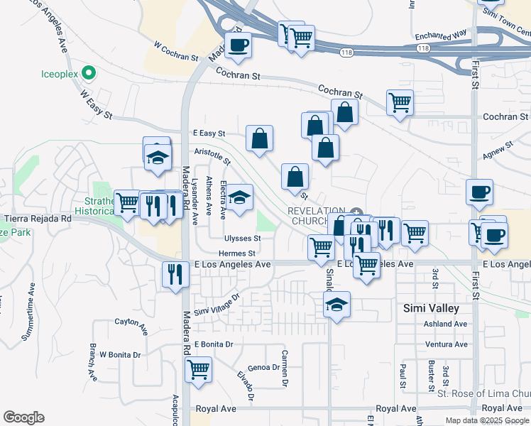 map of restaurants, bars, coffee shops, grocery stores, and more near 374 Aristotle Street in Simi Valley