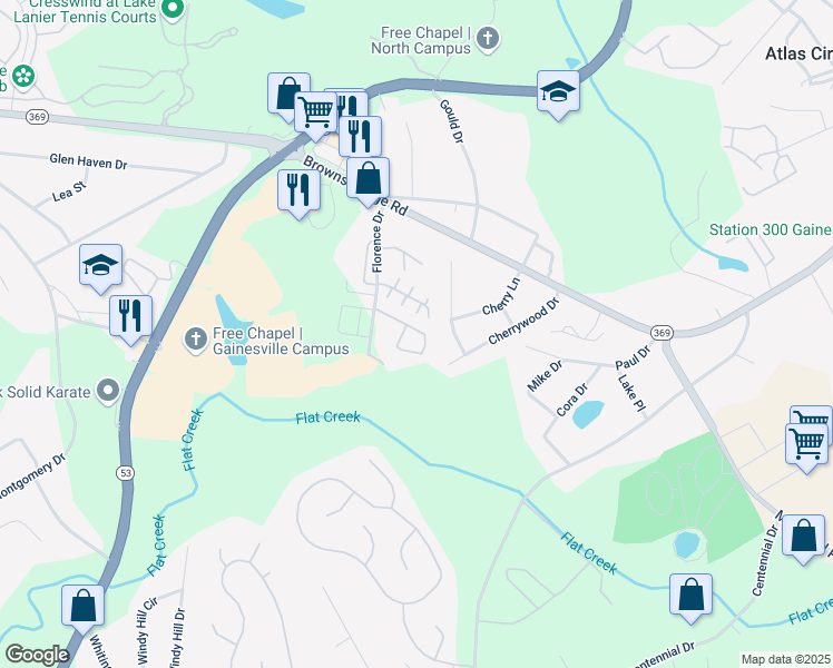 map of restaurants, bars, coffee shops, grocery stores, and more near 2984 Bentley Park Circle in Gainesville