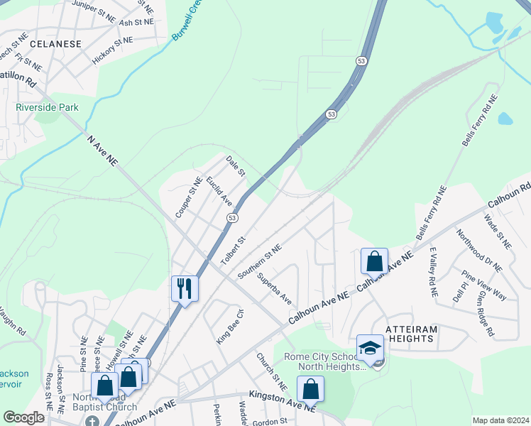map of restaurants, bars, coffee shops, grocery stores, and more near 2123 Southern Street Northeast in Rome